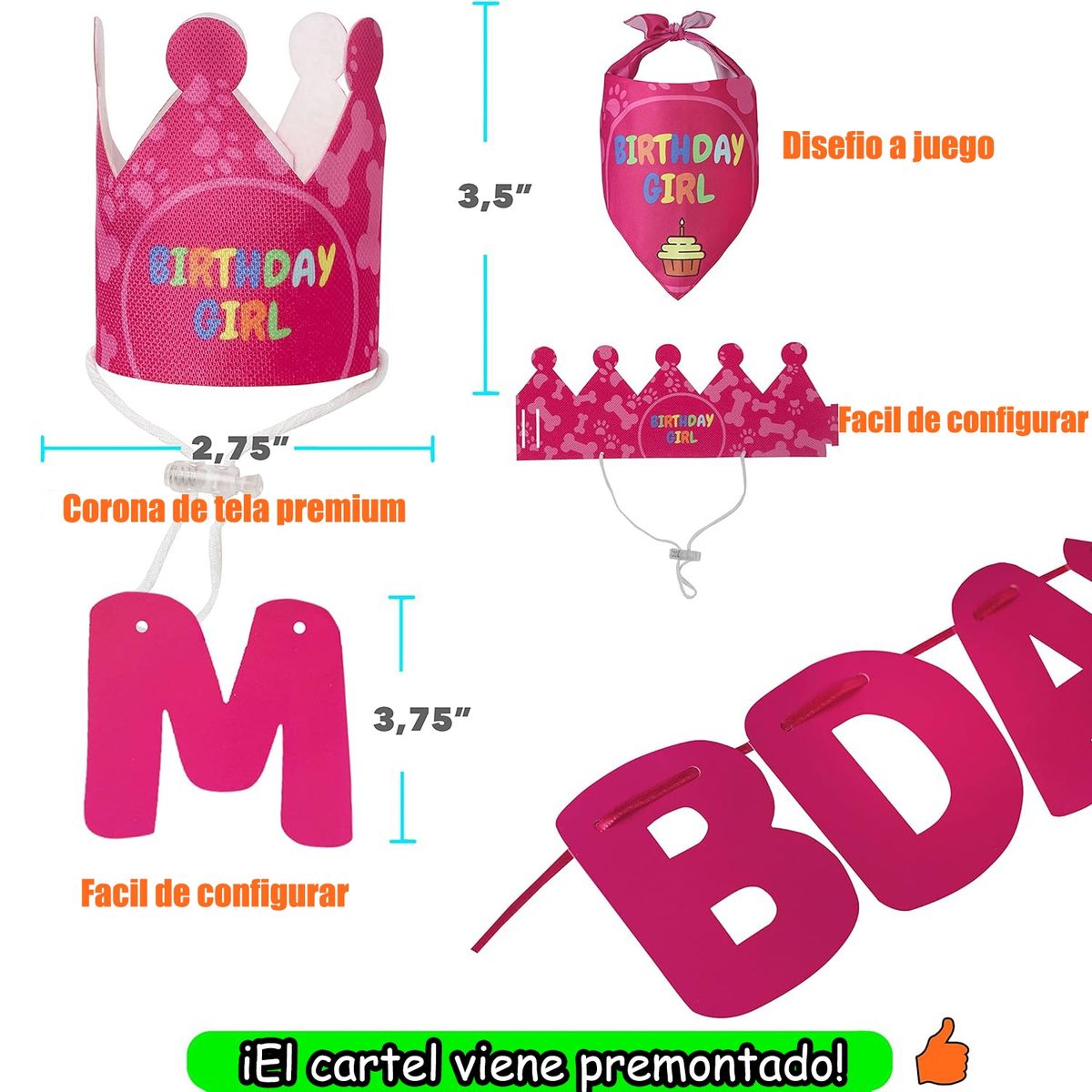 COREJOY - Pack Decoración Cumpleaños para perros rosa-L