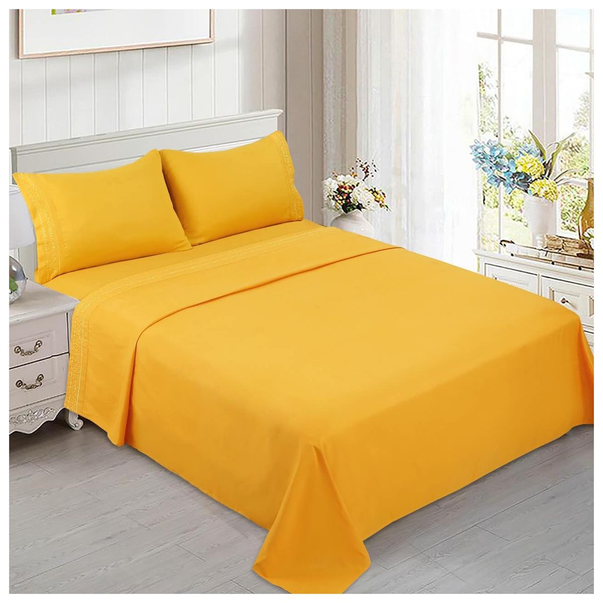 COMPRAPO - Juegos de sábanas Bordadas Mostaza 2 Plazas 60% algodón