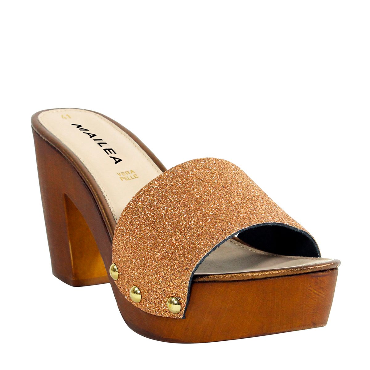 MAILEA - Zueco glitter de cuero para mujer bronce