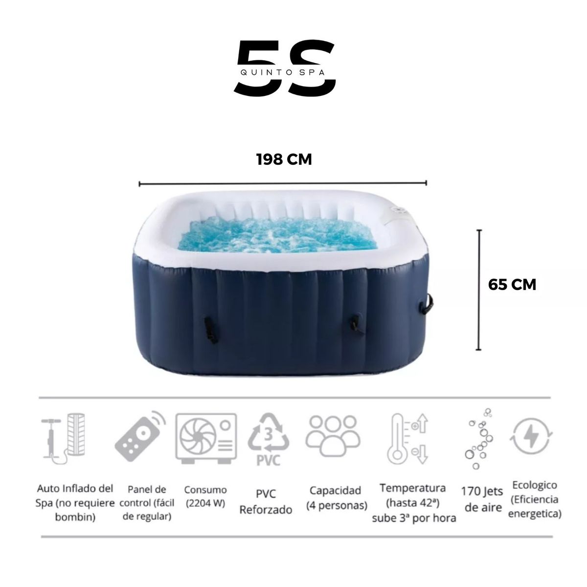 5 SUEÑO - Spa Inflable Exterior Hot Tub Jacuzzi - Cuadrado 6 Personas 198x65cm