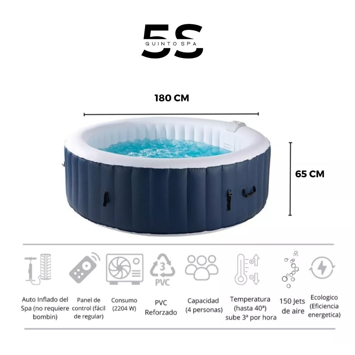 Spa Inflable Exterior Hot Tub Jacuzzi - Redondo 4 Personas 180x65cm, marca 5 SUEÑO - Foto 2