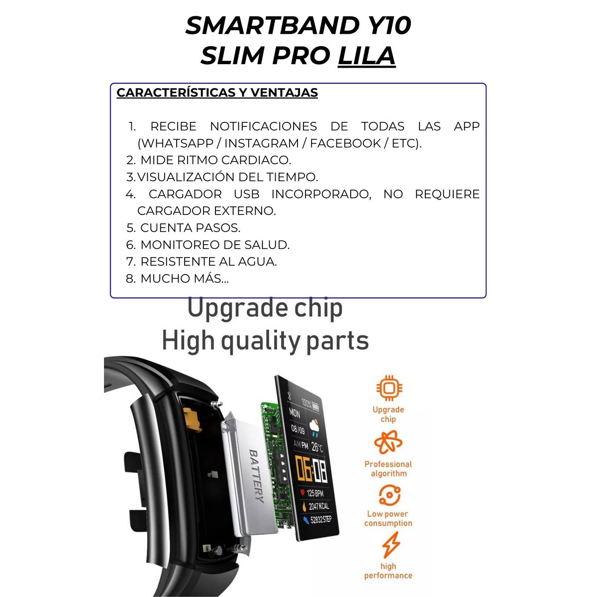 GENERICO - Smartband Banda Inteligente  Y10 SlimPro Sport  Iphone-Samsung Lila