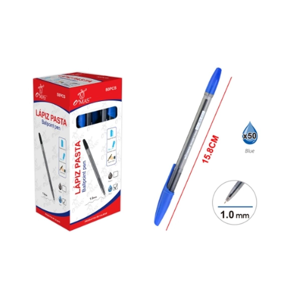 GENERICO - LAPIZ PASTA TINTA COLOR AZUL 1.0MM 50 PCS