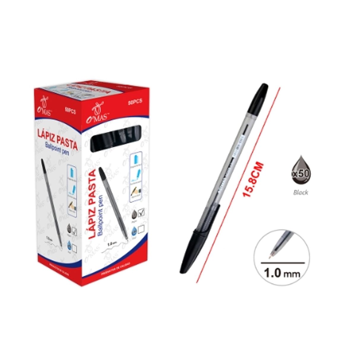 GENERICO - LAPIZ PASTA TINTA COLOR NEGRA 1.0MM 50 PCS