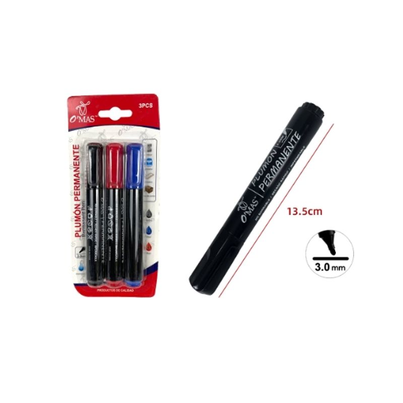 GENERICO - PLUMON PERMANENTE COLOR ROJO,AZUL,NEGRO 3.0MM 3PCS- 12 UNID