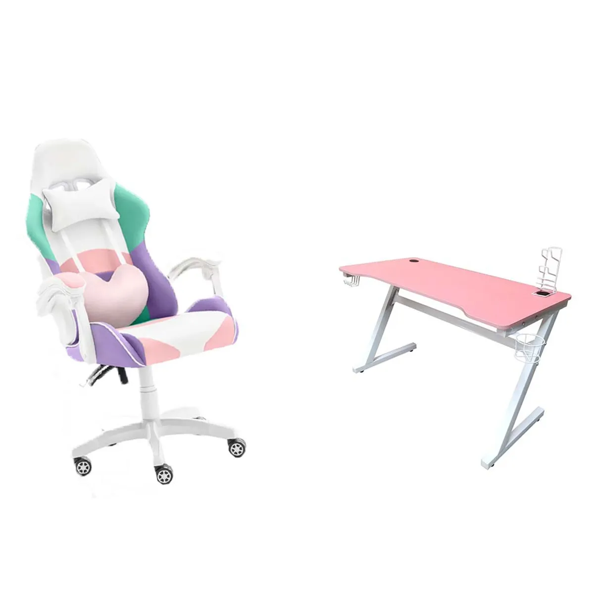 TODODESCUENTO - Pack Silla Gamer Blanco Rosado Profesional Con Reposapies +  Escritorio Gamer Z Rosado