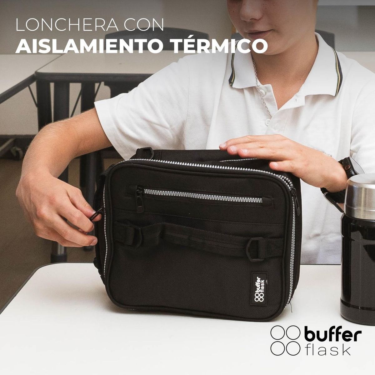 BUFFER FLASK - Lonchera Termica Expandible Buffer Bolso Almuerzo Frio Calor - Negro