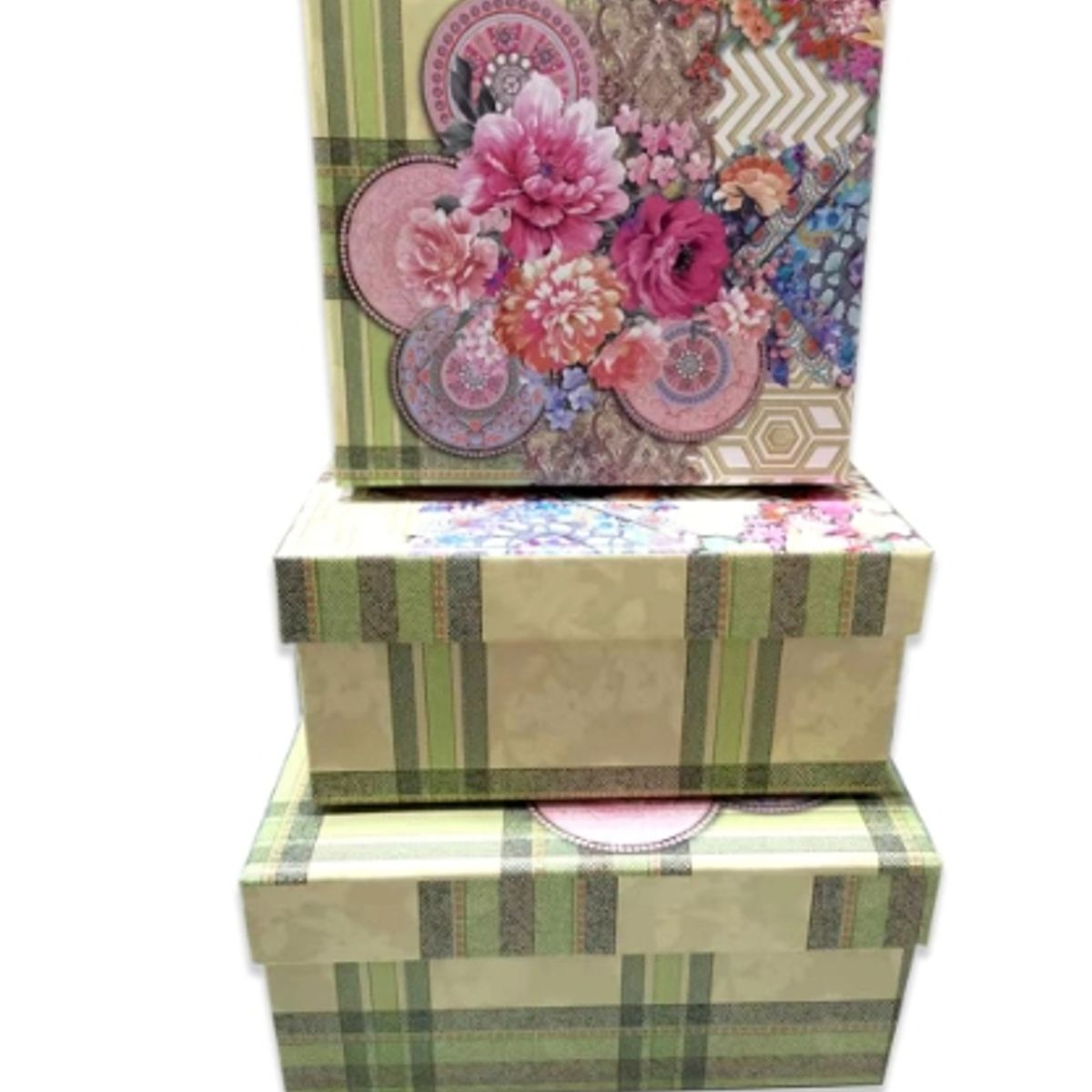 GENERICO - Set 3 Cajas De Regalo Diseño Flores Con Fondo Cuadros