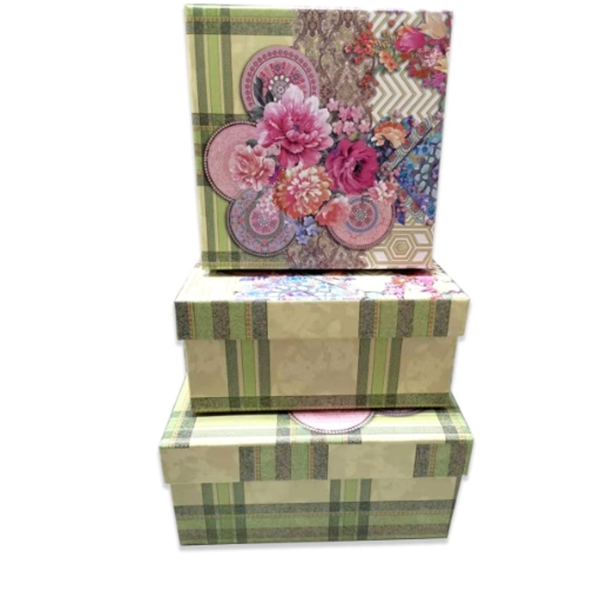 GENERICO - Set 3 Cajas De Regalo Diseño Flores Con Fondo Cuadros