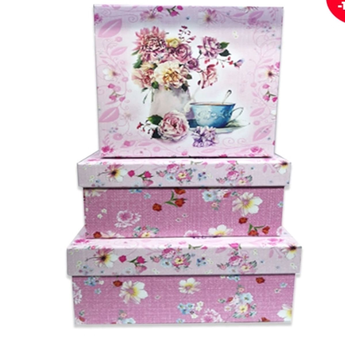 GENERICO - Set 3 Cajas De Regalo Diseño Flores Fondo Rosado