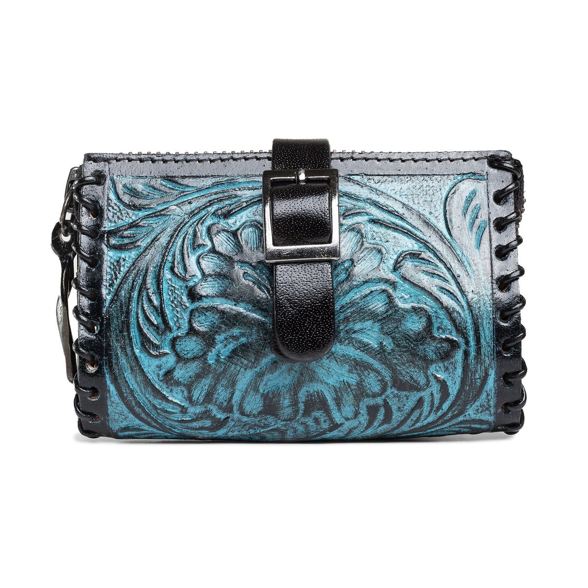 FRANZ MOSSI - Monedero Bolsito De Cuero Genuino Tallado Color Turquesa Franz Mossi