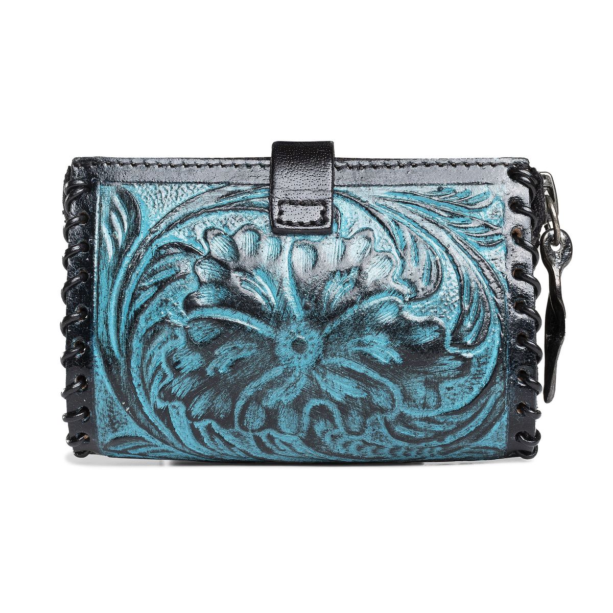 FRANZ MOSSI - Monedero Bolsito De Cuero Genuino Tallado Color Turquesa Franz Mossi