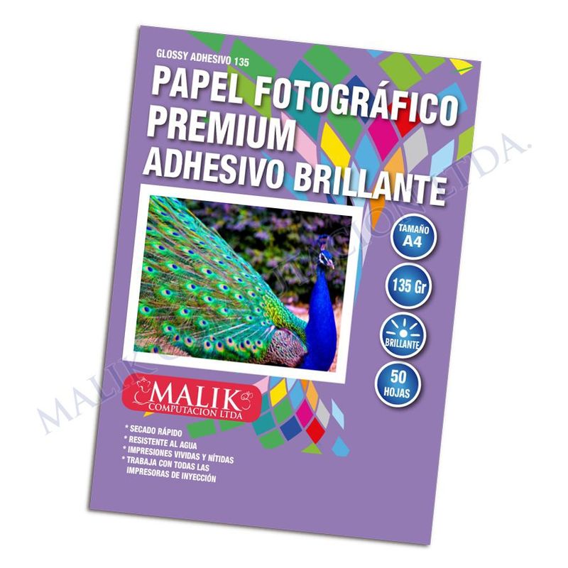 MALIK - Papel Adhesivo Glossy 135gm 50 hojas + 4 Tintas para Epson Etank L110