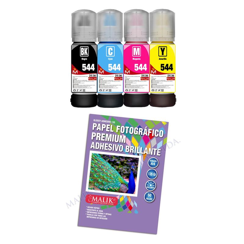 MALIK - Papel Adhesivo Glossy 135gm 50 hojas + 4 Tintas para Epson Etank L121