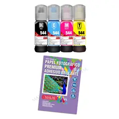 MALIK - Papel Adhesivo Glossy 135gm 50 hojas + 4 Tintas para Epson Etank L375