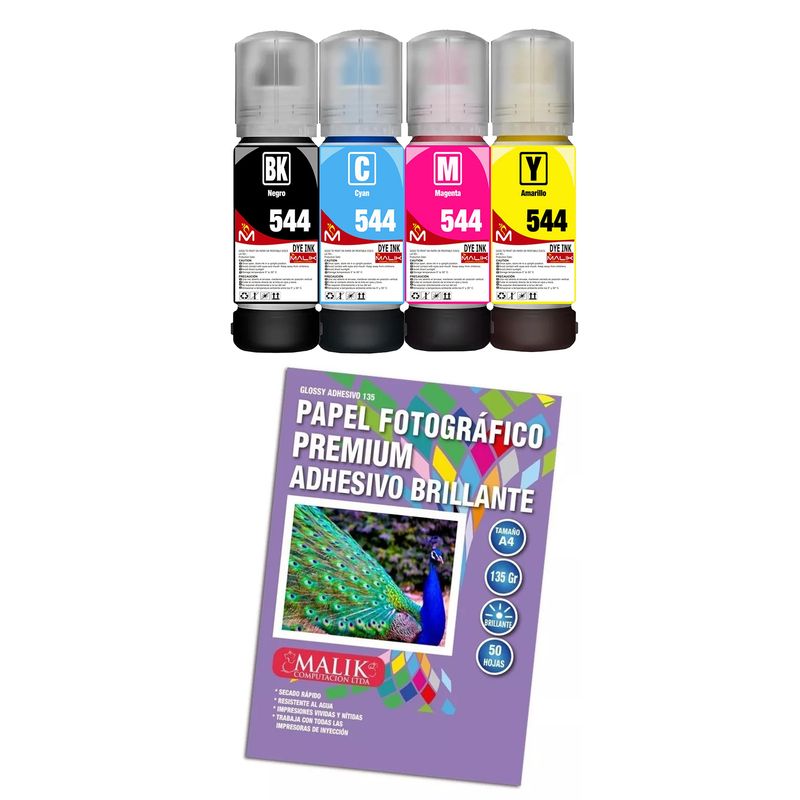 MALIK - Papel Adhesivo Glossy 135gm 50 hojas + 4 Tintas para Epson Etank L1300