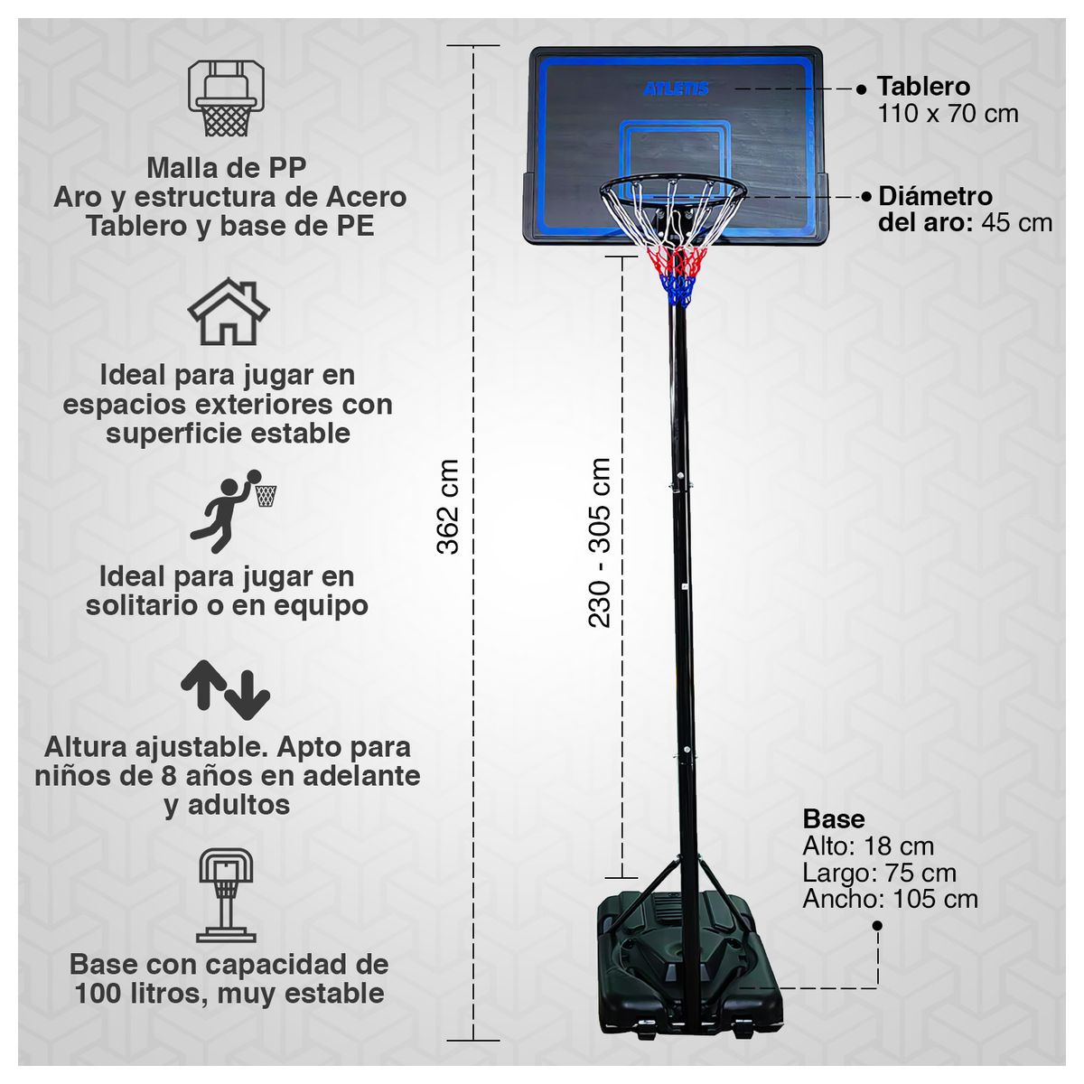 ATLETIS - Aro de Basquetball Alley 3M Ajustable Azul
