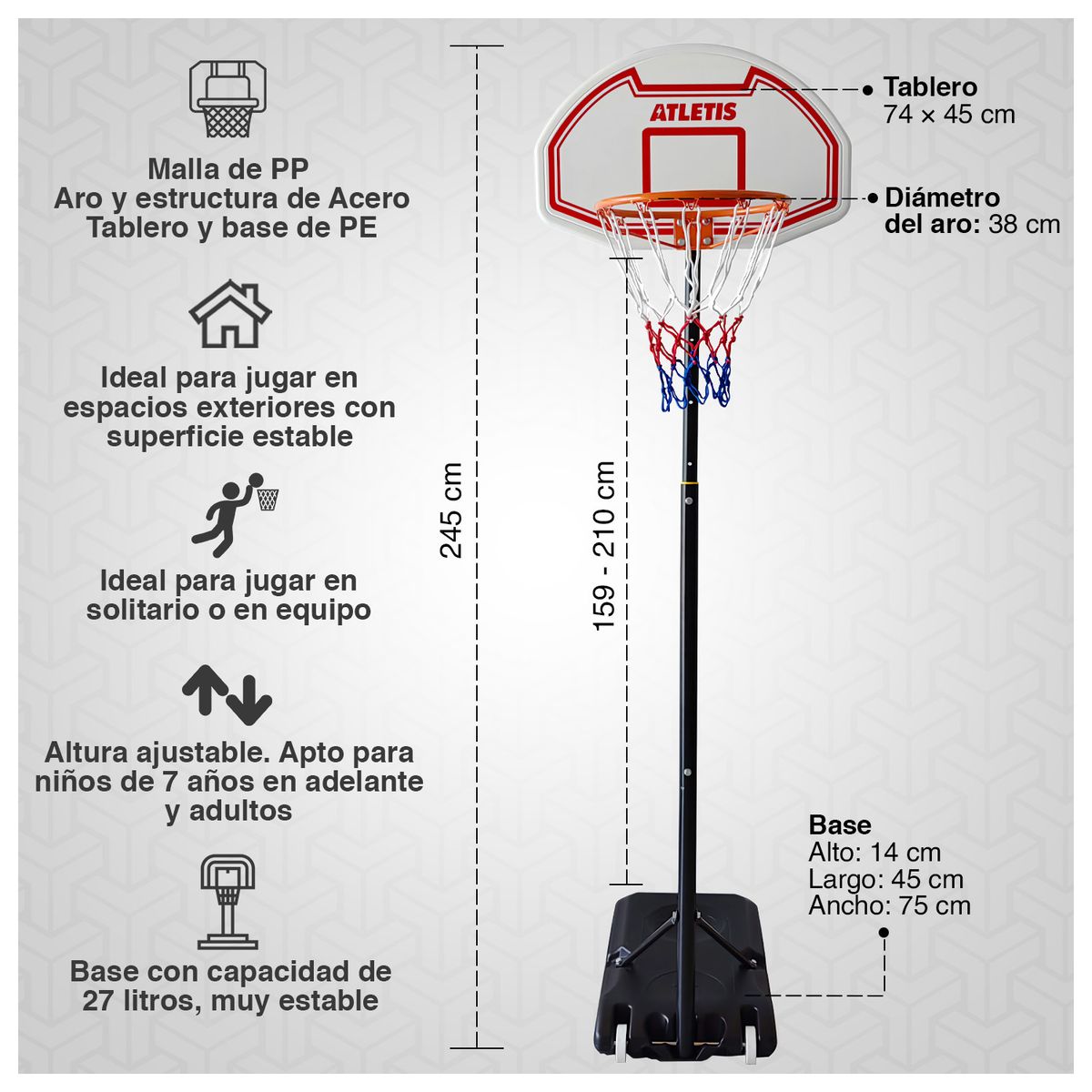 ATLETIS - Aro de Basquetball Street 2M Ajustable Rojo