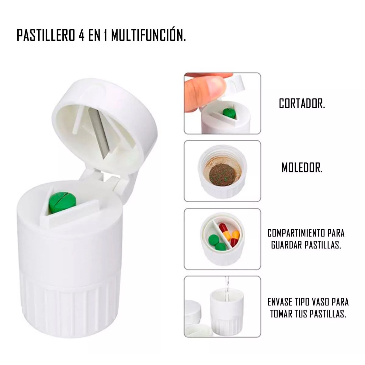 GENERICO - Pastillero Contenedor Cortador Y Moledor Portatil 4 En 1