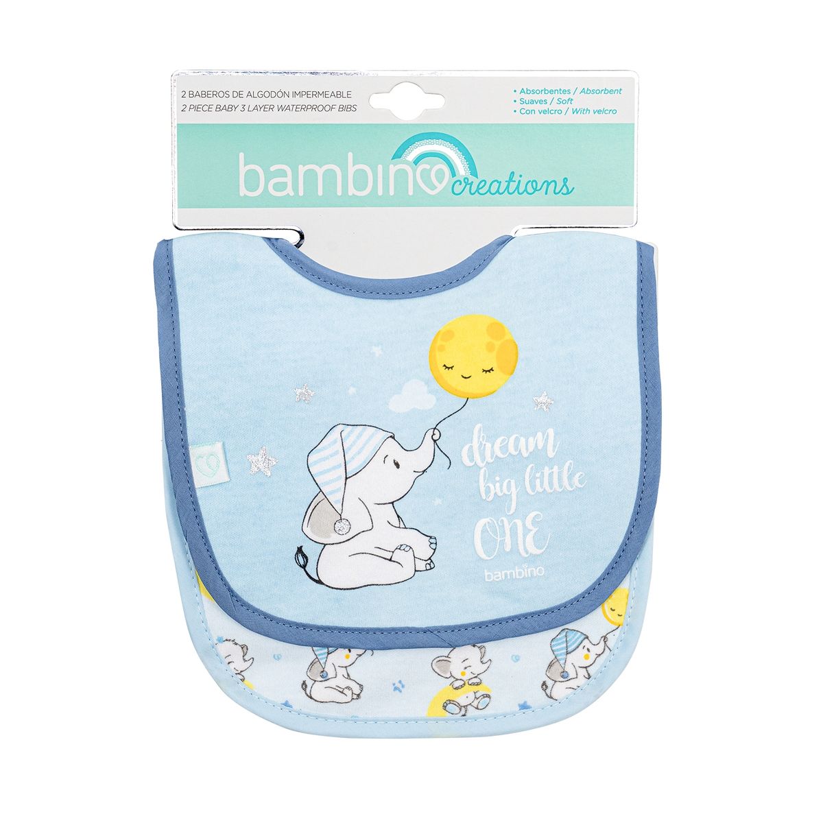 BAMBINO - Set 2 Baberos de Algodón Impermeables Azules para bebé