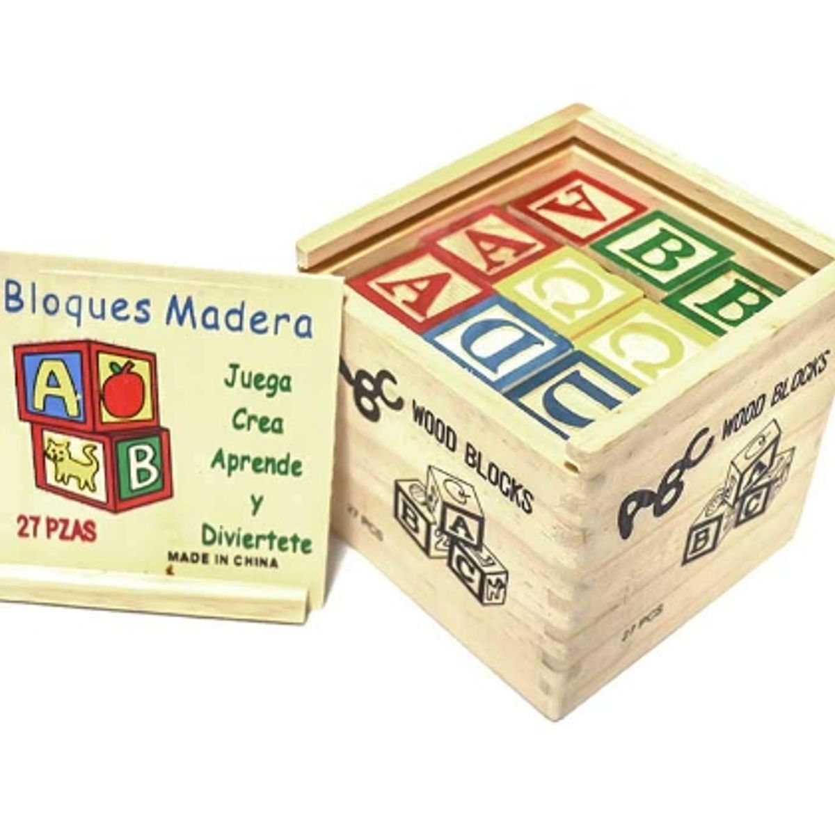 GENERICO - Cubo 15 Piezas Madera Letras Números