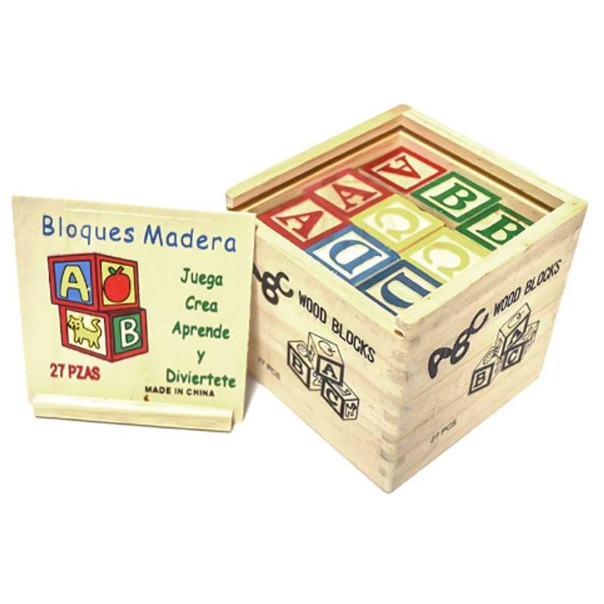 GENERICO - Cubo 15 Piezas Madera Letras Números