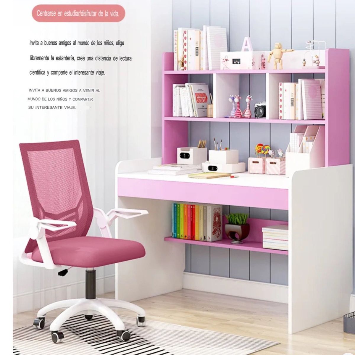 ACTUAL - Escritorio Infantil Escolar Rosado Moderno Con Repisa Superior