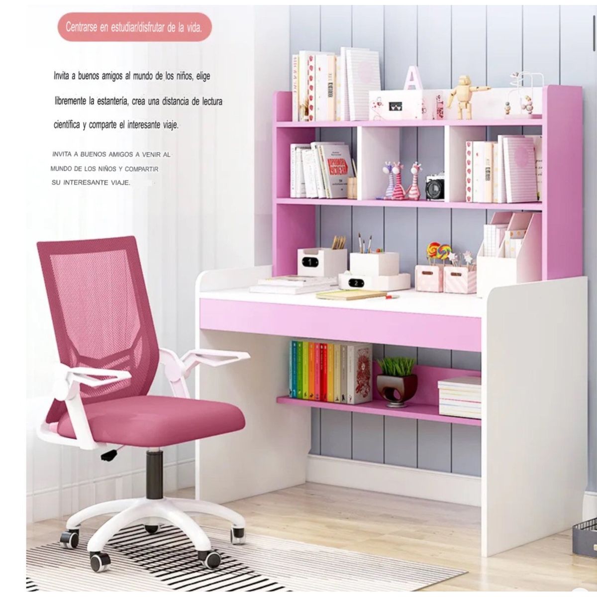 ACTUAL - Escritorio Infantil Escolar Rosado Moderno Con Repisa Superior