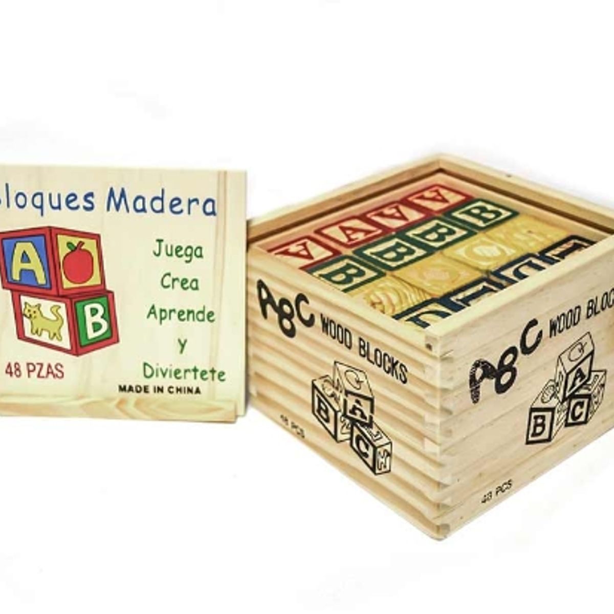 GENERICO - Cubo 48 Piezas Madera Letras Números