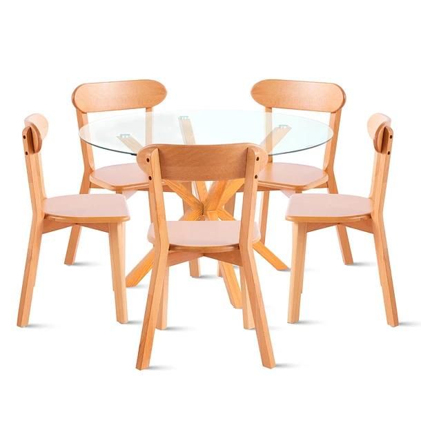 Comedor redondo vidrio Cross 120cm + 5 Silla Fresno de Madera Natural
