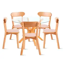 KLIK - Comedor redondo vidrio Cross 120cm + 5 Silla Fresno de Madera Natural