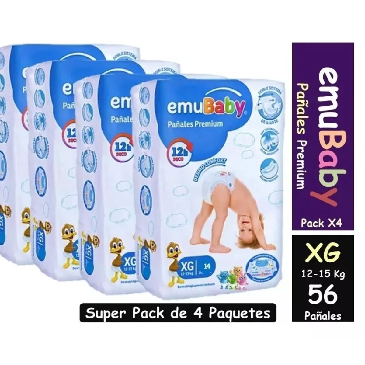 EMUBABY - Emubaby Premium XG x4 paquetes 56 pañales