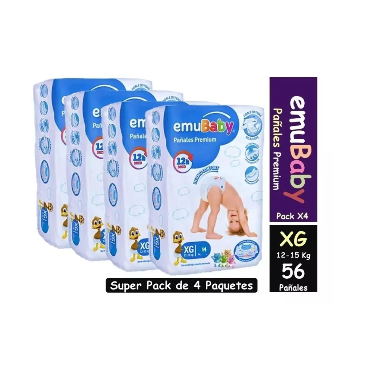 EMUBABY - Emubaby Premium XG x4 paquetes 56 pañales