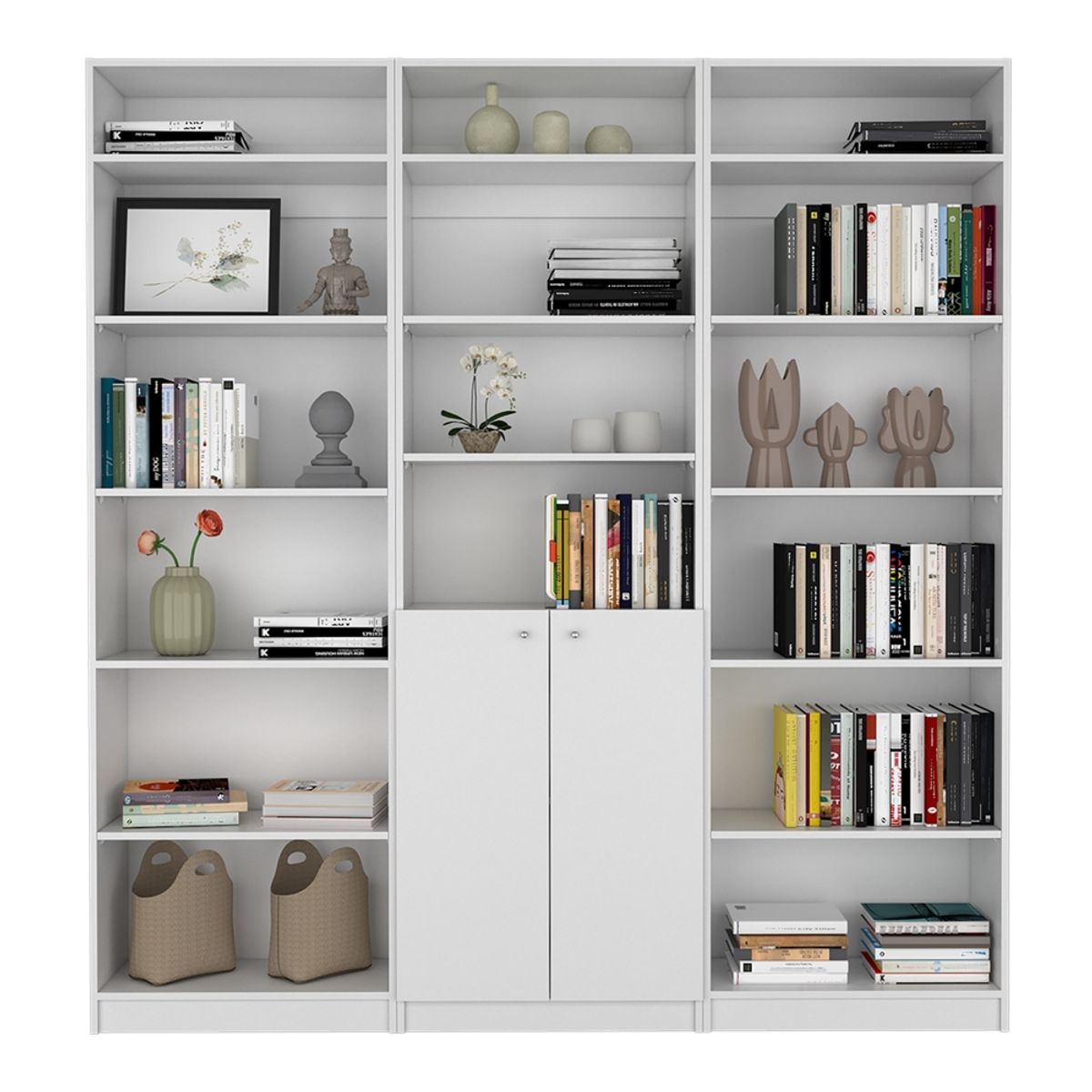 FMFURNITURE - Set 2 Estantes 5 Repisas +Estante 2 Puertas +3 Complemento - Blanco