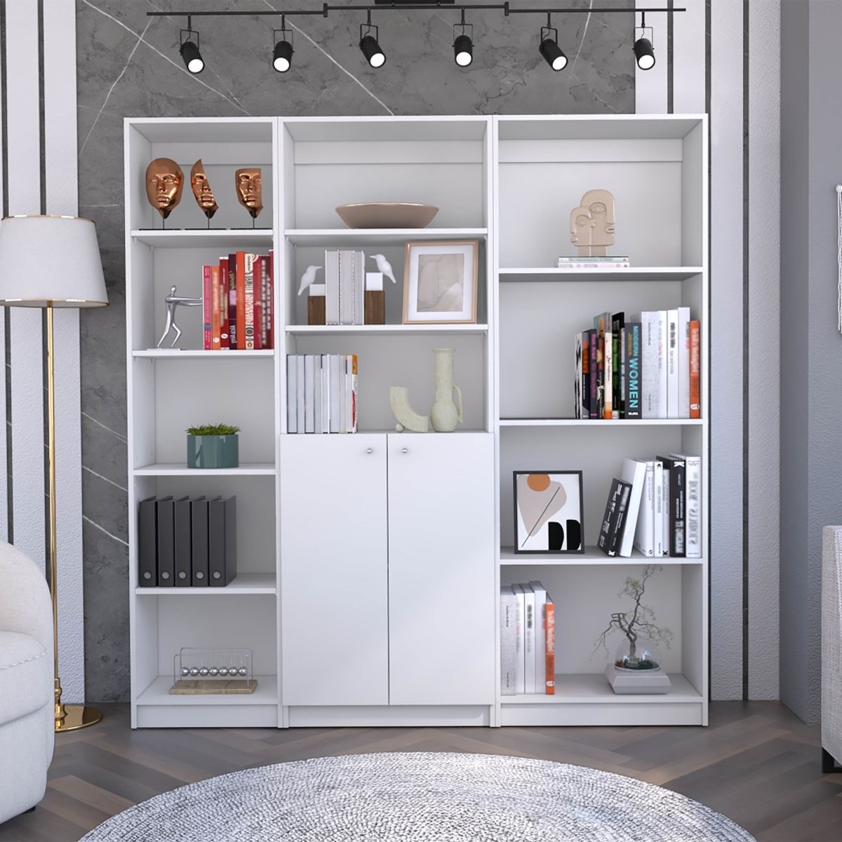 FMFURNITURE - Set Estante 45Cm +Estante 2 Puertas +Estante 4 Repisas Fm-008B Blanco