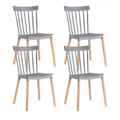 PANDALINO - Pack 4 sillas comedor Windsor, resistente asiento gris patas madera