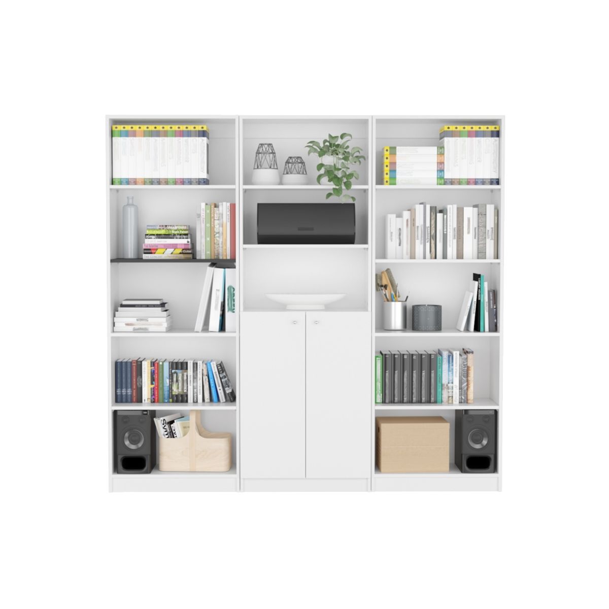 FMFURNITURE - Set 2 Estantes 5 Repisas + Estante 2 Puertas Fm-015B  Blanco