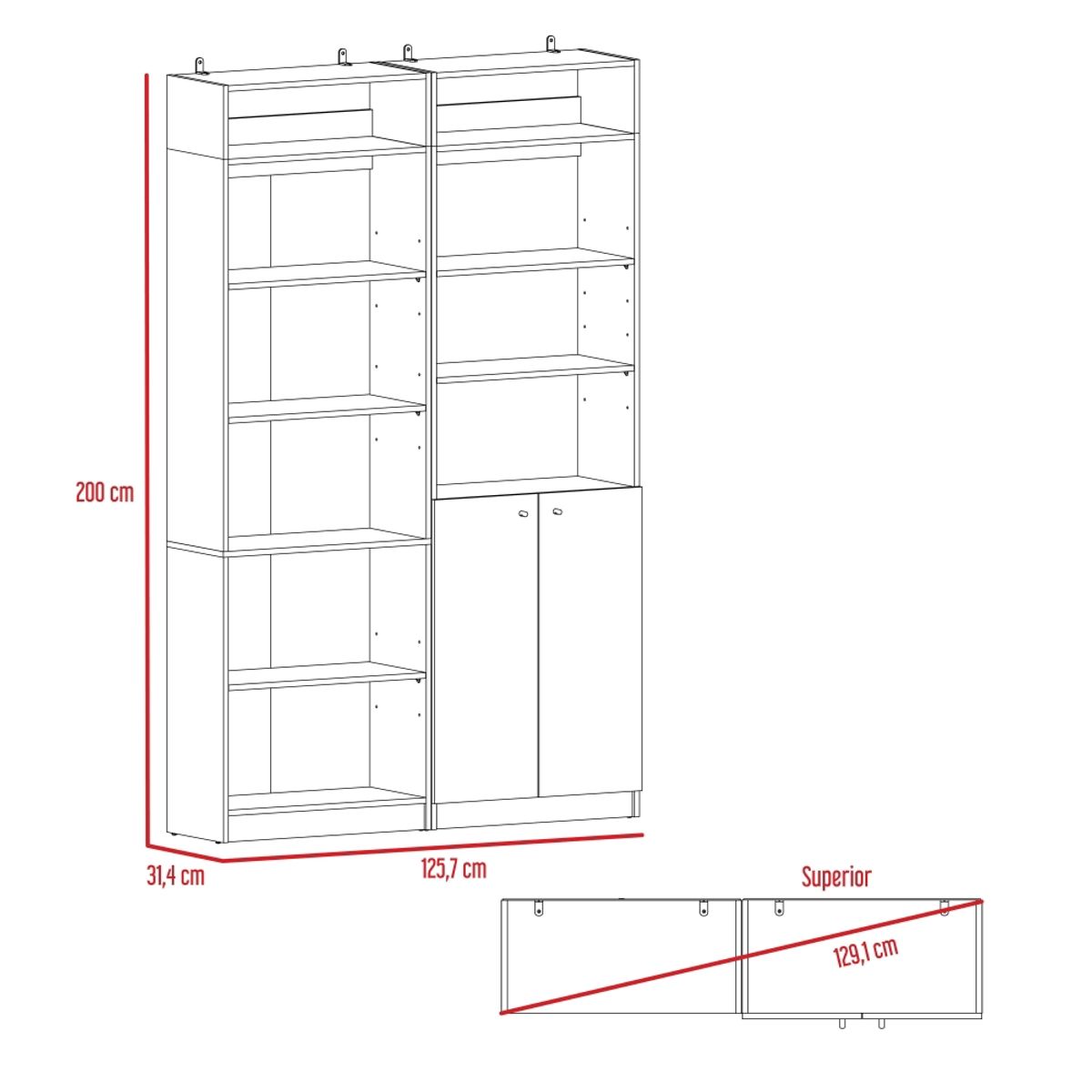 FMFURNITURE - Set Estante 2 Puertas +Estante 5 R +2 Complementos Fm-025B Blanco