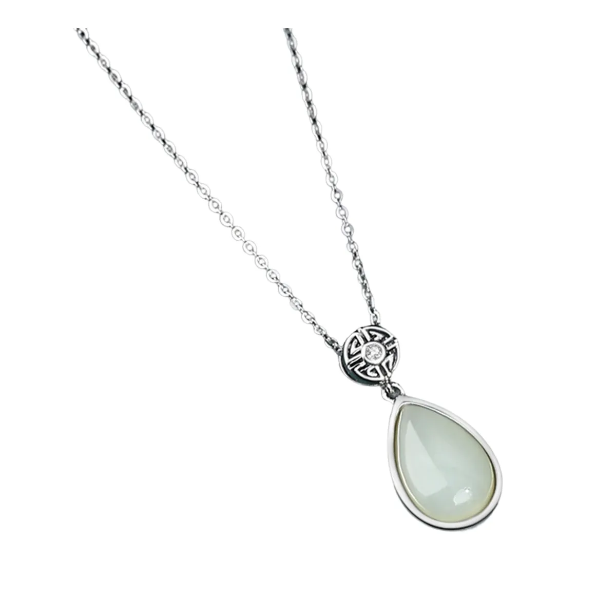 ZG JOYAS - Collar Colgante Plata 925 Gota de Jade En Oro Blanco