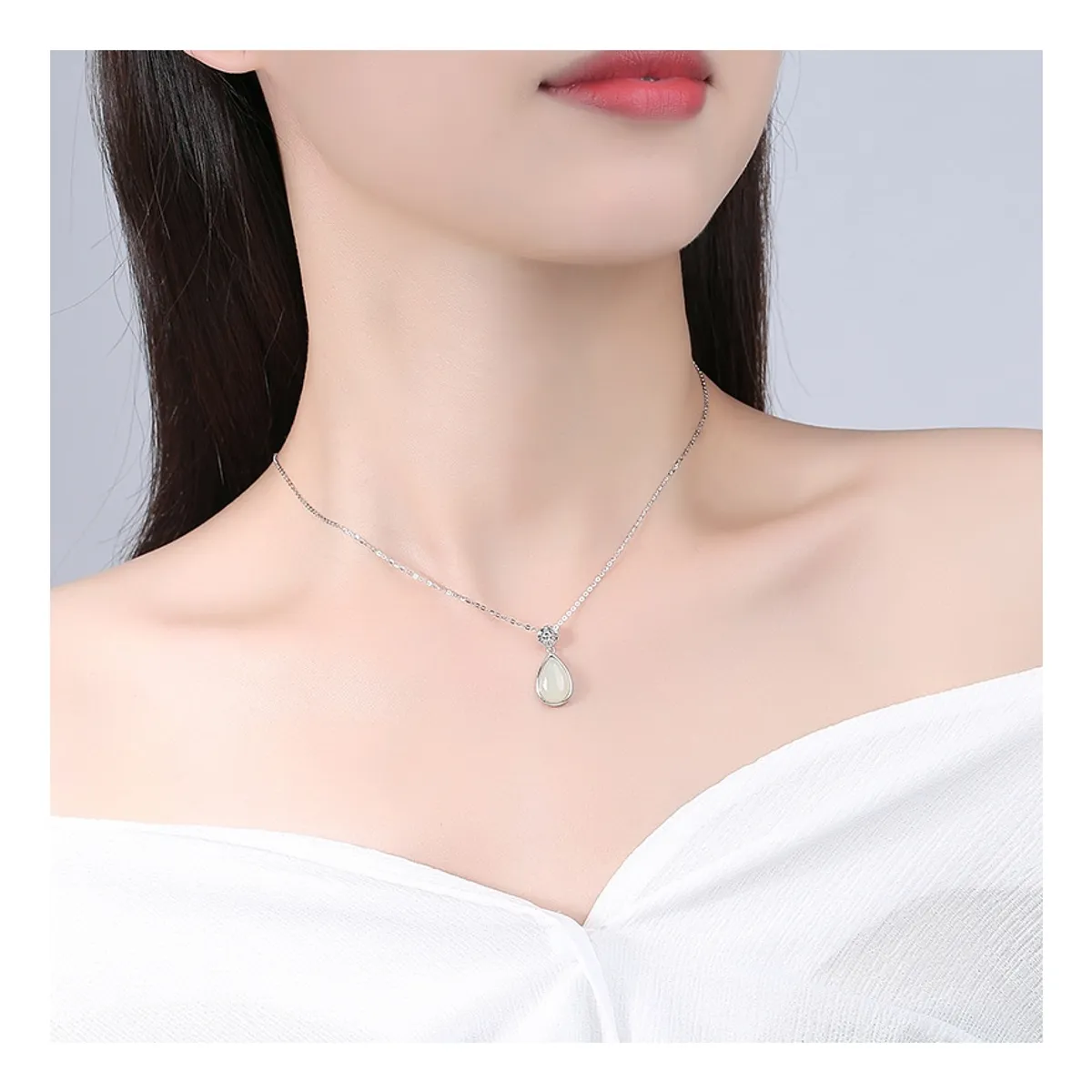 ZG JOYAS - Collar Colgante Plata 925 Gota de Jade En Oro Blanco