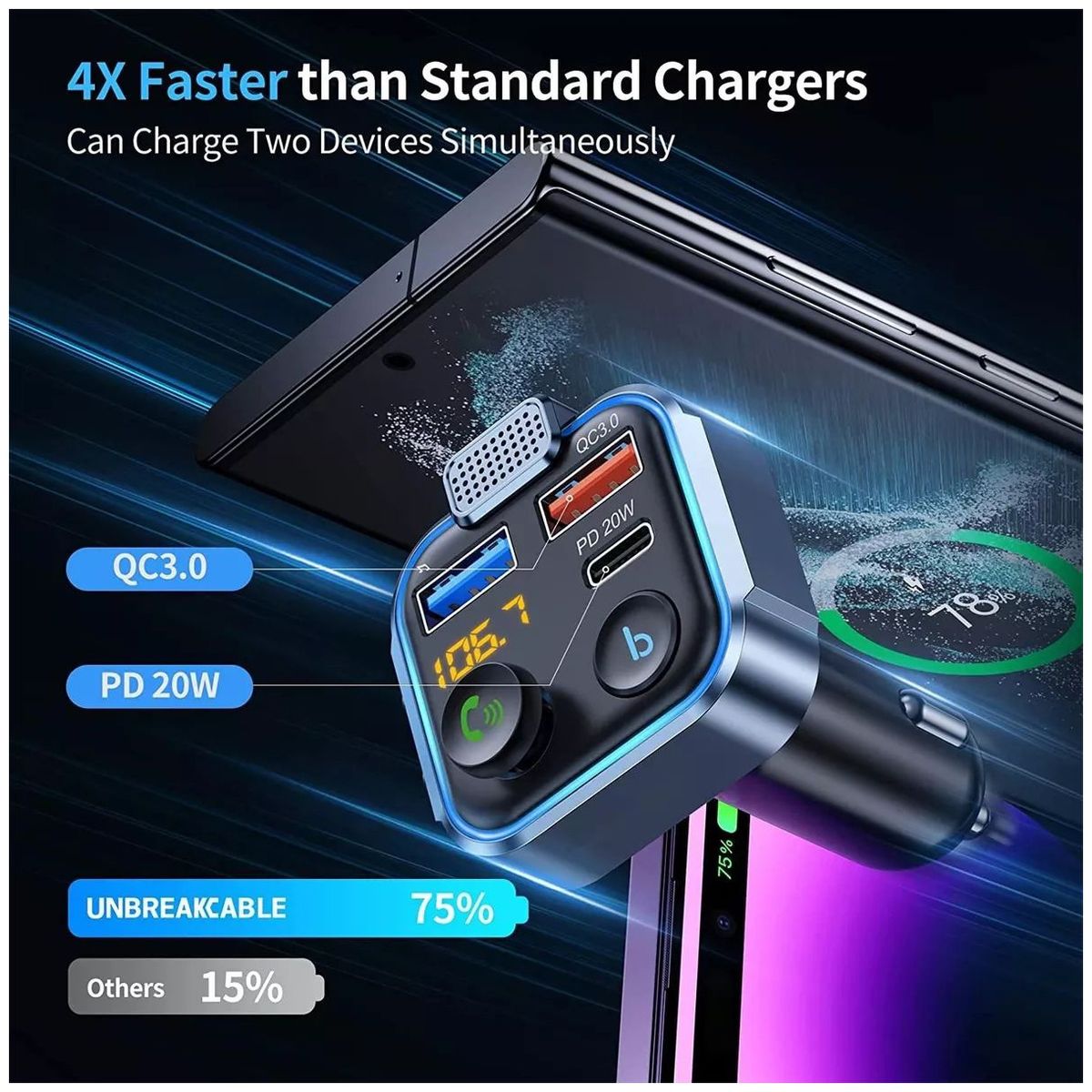 KUANGYE - Receptor Bluetooth Y Transmisor Fm Auto Carga Qc30 Y Tipo C