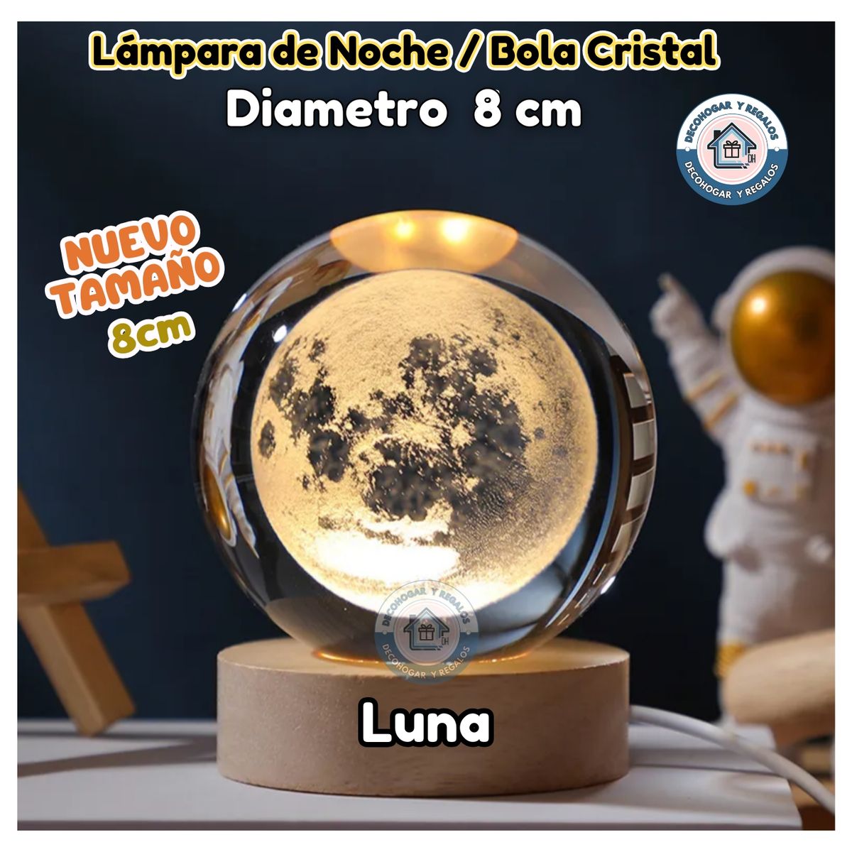 GENERICO - Lámpara de Noche Led / Bola Cristal 3D  Luna 8cm