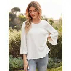 MOSS ROSE - Camiseta de manga larga bordada geométrica para mujer blanca