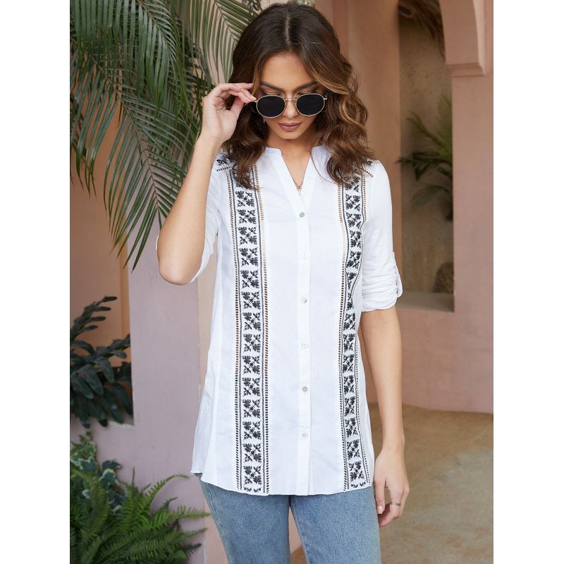 MOSS ROSE - Camiseta de mujer con botones con estampado floral blanco
