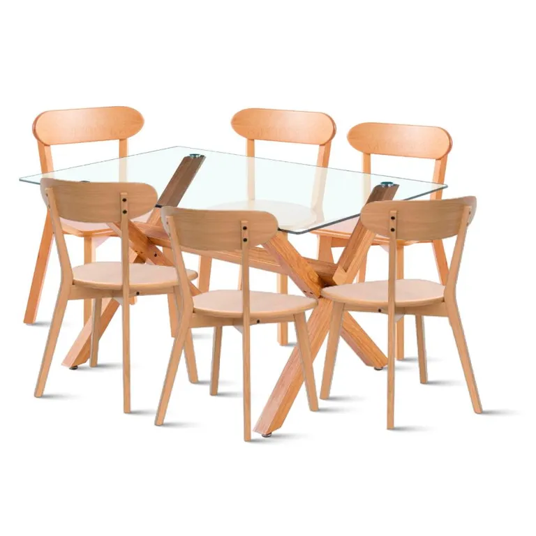 Comedor de Vidrio Cross 140x90cm + 6 Sillas Fresno de Madera - Natural