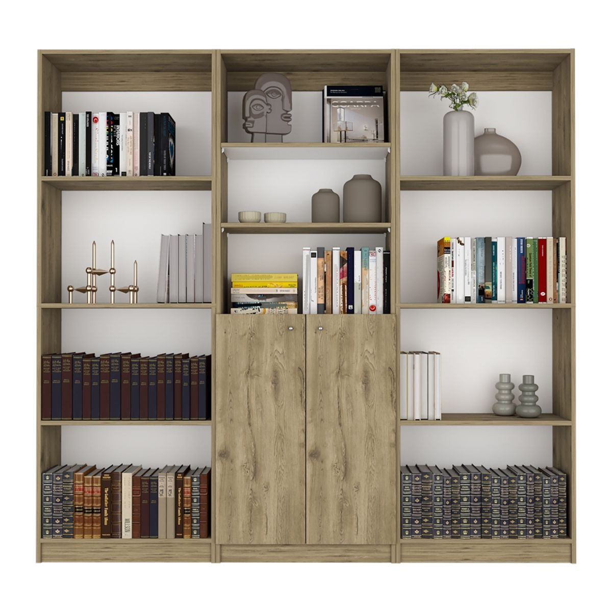 FMFURNITURE - Set 2 Estantes 4 Repisas + Estante 2 Puertas Fm-013C Cafe Claro