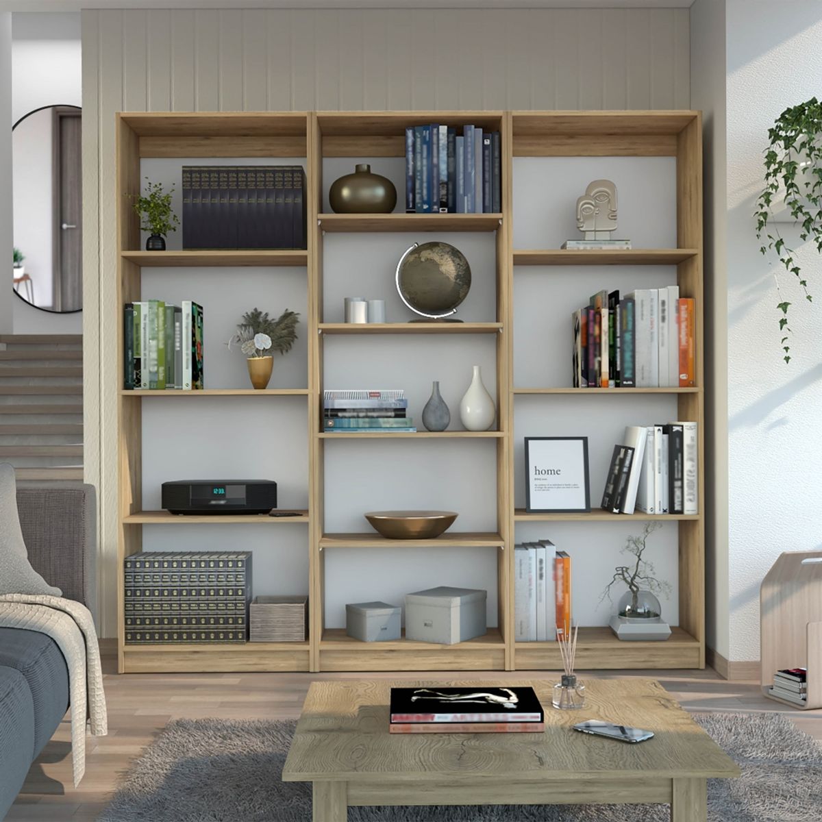 FMFURNITURE - Set 2 Estantes 4 Repisas + Estante 5 Repisas Fm-011C Cafe Claro