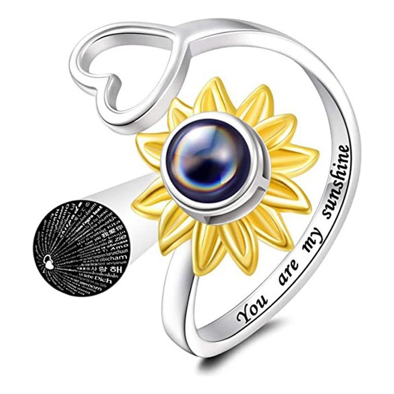 GENERICO - Anillo Plata 925 Girasol Corazon Te Amo 100 Idiomas Regalo
