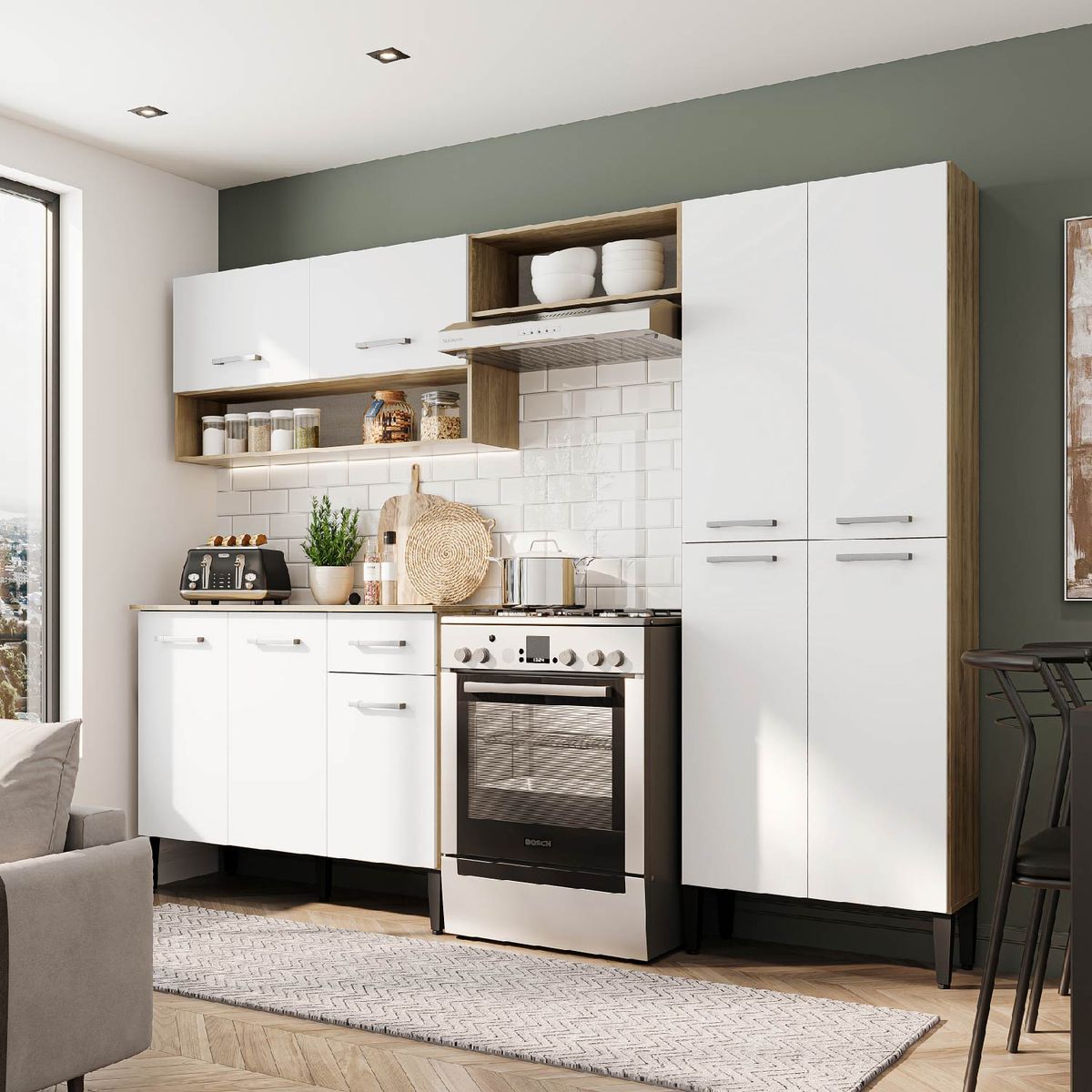 ROCA - Mueble De Cocina Arizona 4 Módulos Blanco-Oak