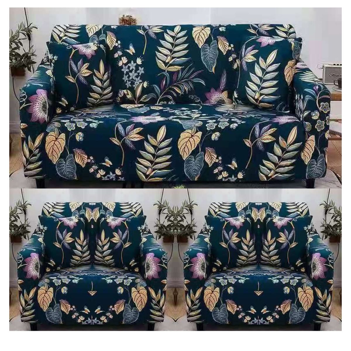 GENERICO - Juego De 3 Funda Cubre Sillón, 3+1+1 AZUL DE HOJAS MULTICOLOR TF